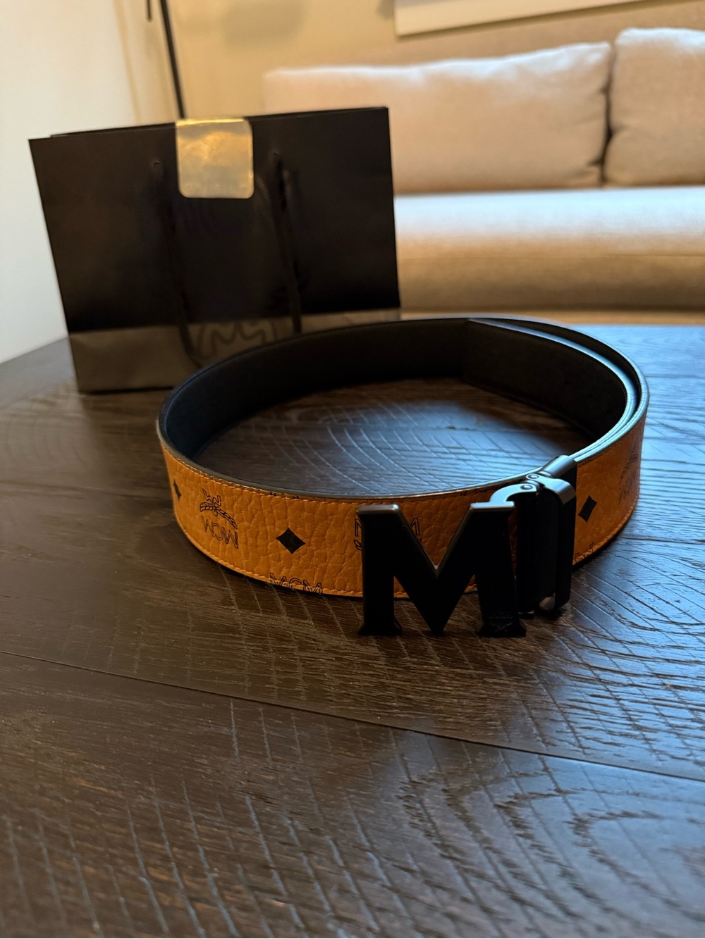 MCM Cognac Logo Leather Belt with Black 'M' Buckle